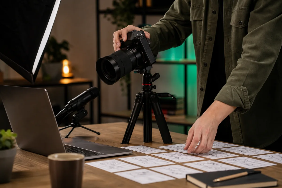 Tangan menyiapkan kamera dan storyboard di studio content creator