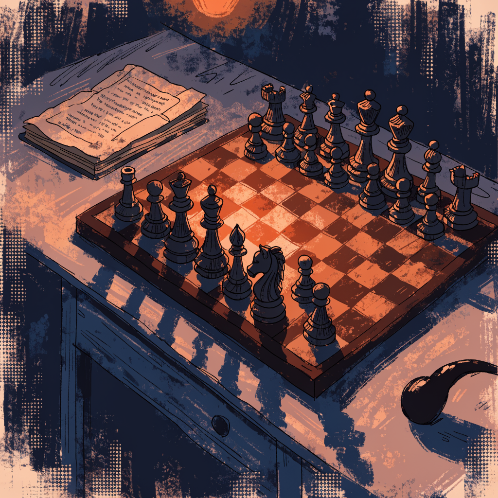 Ilustrasi: Chess board, ledger book, candlelight