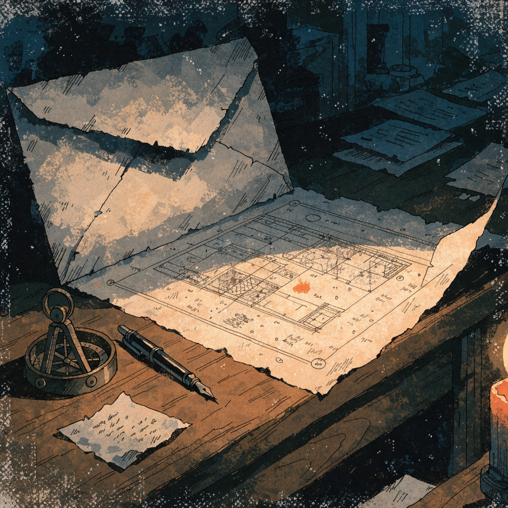 Ilustrasi: Amplop terbuka dengan blueprint